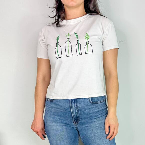 Off White Embroidered Green Plant Short Sleeve Tee - Picture 1 of 5